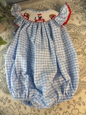 KREWE Light Blue & White Gingham Smocked Bubble Romper with Red Trim